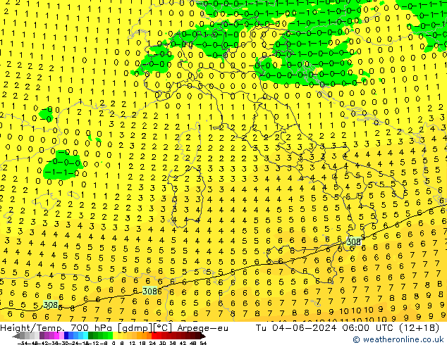 Yükseklik/Sıc. 700 hPa Arpege-eu Sa 04.06.2024 06 UTC