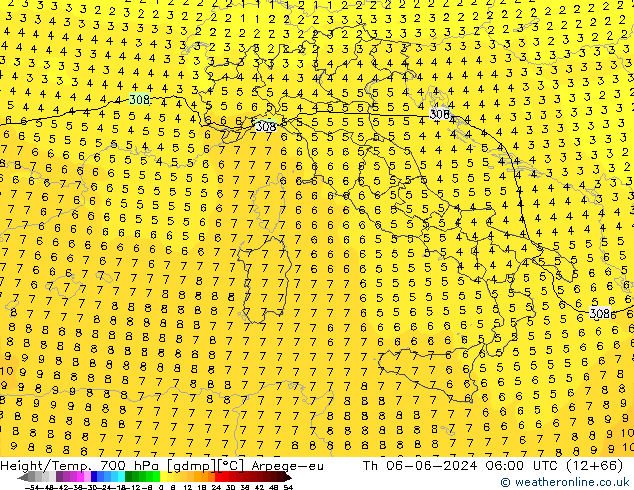 Height/Temp. 700 hPa Arpege-eu Čt 06.06.2024 06 UTC