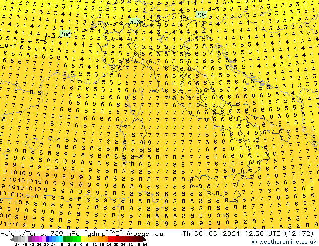 Height/Temp. 700 hPa Arpege-eu Čt 06.06.2024 12 UTC