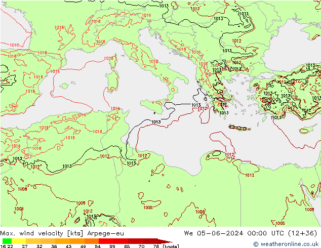 Max. wind velocity Arpege-eu mer 05.06.2024 00 UTC