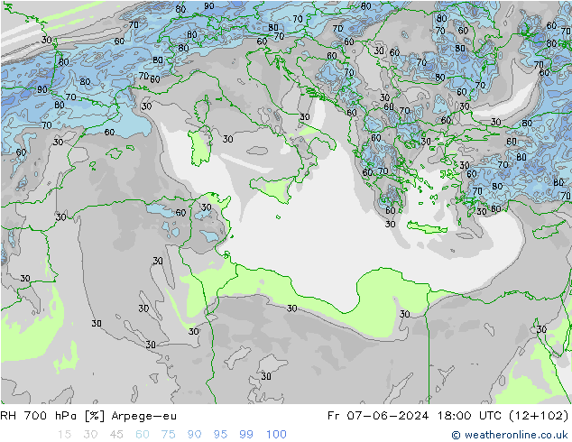 Humidité rel. 700 hPa Arpege-eu ven 07.06.2024 18 UTC