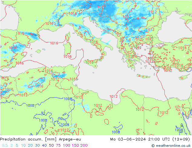 Precipitation accum. Arpege-eu Seg 03.06.2024 21 UTC