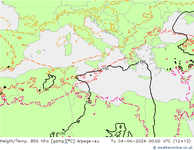 Hoogte/Temp. 850 hPa Arpege-eu di 04.06.2024 00 UTC