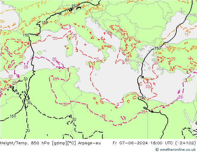 Hoogte/Temp. 850 hPa Arpege-eu vr 07.06.2024 18 UTC