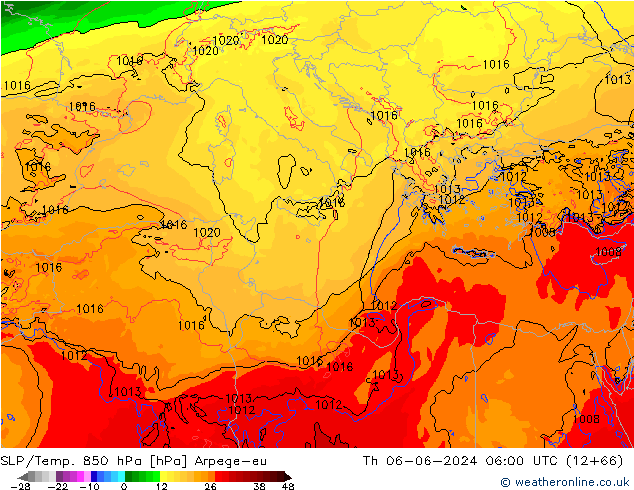 SLP/Temp. 850 hPa Arpege-eu Th 06.06.2024 06 UTC