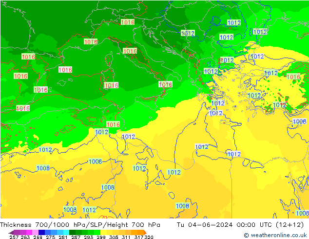 Thck 700-1000 hPa Arpege-eu Tu 04.06.2024 00 UTC