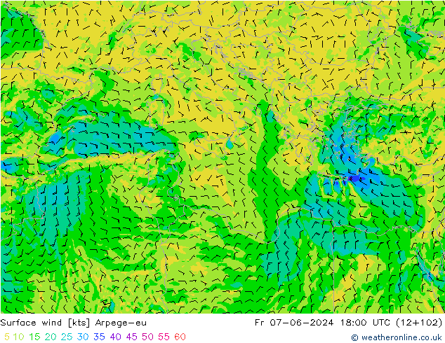 Vento 10 m Arpege-eu ven 07.06.2024 18 UTC