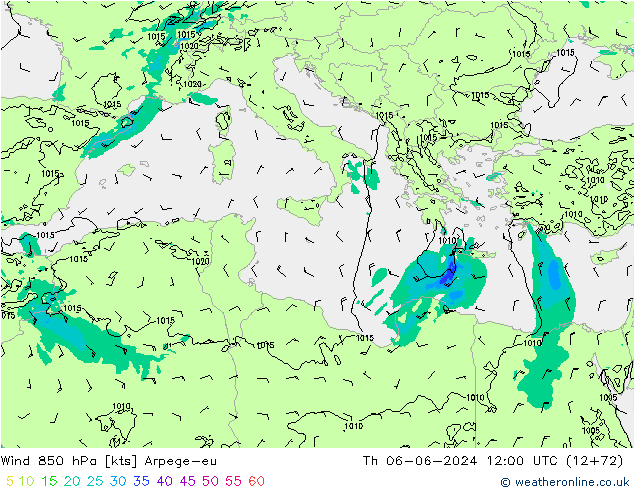 Wind 850 hPa Arpege-eu Th 06.06.2024 12 UTC