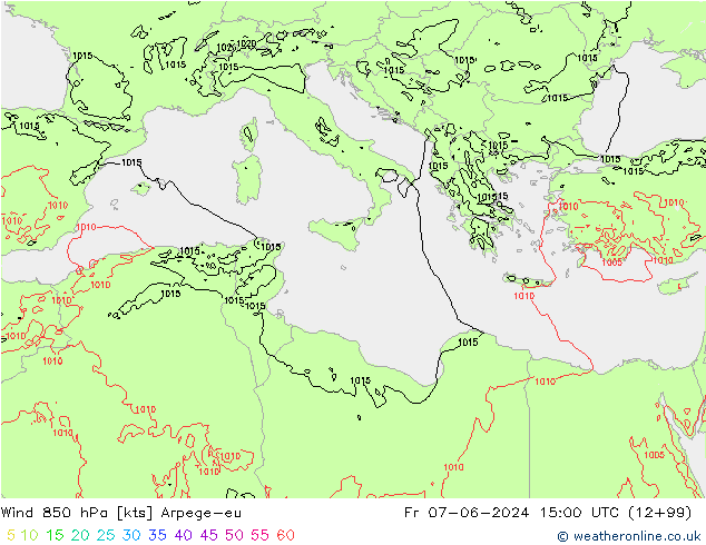 Wind 850 hPa Arpege-eu Pá 07.06.2024 15 UTC