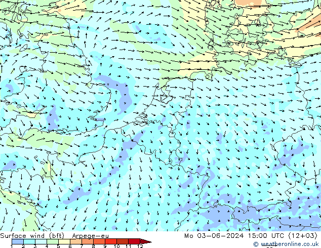 wiatr 10 m (bft) Arpege-eu pon. 03.06.2024 15 UTC