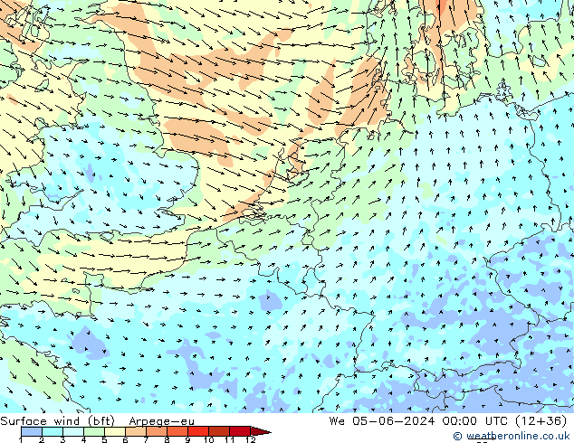 Viento 10 m (bft) Arpege-eu mié 05.06.2024 00 UTC