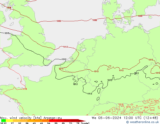 Max. wind velocity Arpege-eu mié 05.06.2024 12 UTC