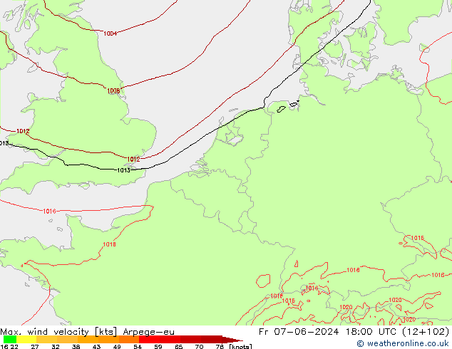 Max. wind velocity Arpege-eu  07.06.2024 18 UTC