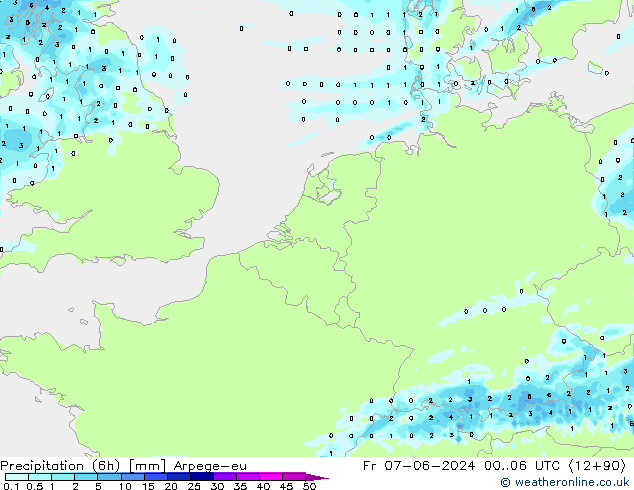 Totale neerslag (6h) Arpege-eu vr 07.06.2024 06 UTC
