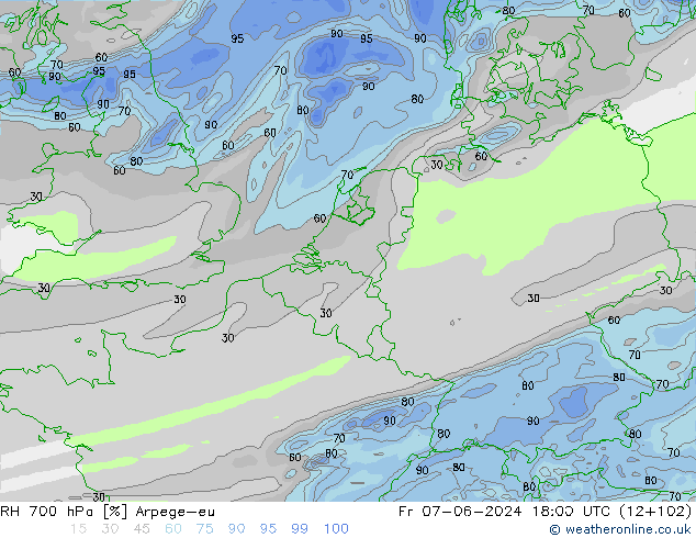 RH 700 hPa Arpege-eu Fr 07.06.2024 18 UTC