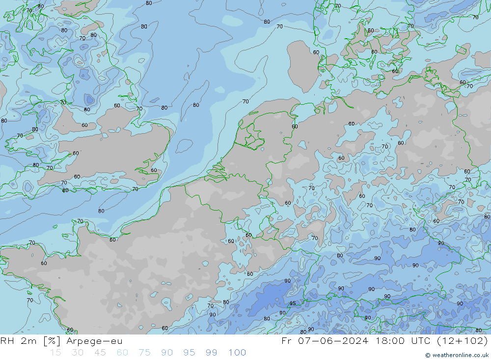 Humidité rel. 2m Arpege-eu ven 07.06.2024 18 UTC