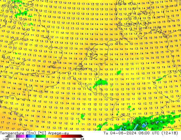 Temperatura (2m) Arpege-eu Ter 04.06.2024 06 UTC