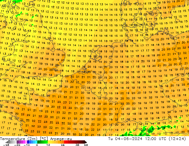 Temperature (2m) Arpege-eu Tu 04.06.2024 12 UTC