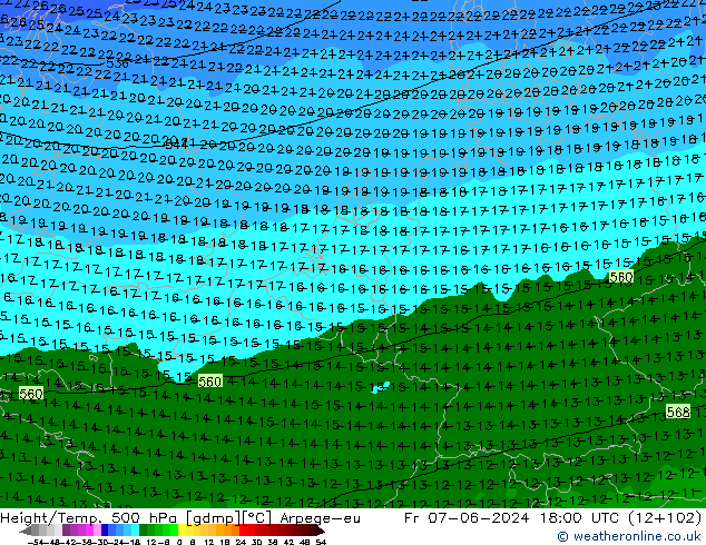 Height/Temp. 500 hPa Arpege-eu  07.06.2024 18 UTC