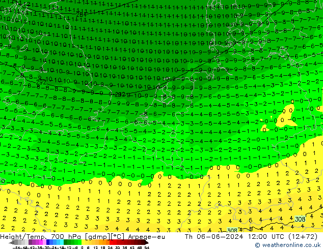 Height/Temp. 700 hPa Arpege-eu Th 06.06.2024 12 UTC