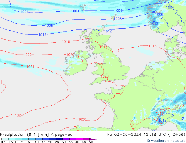 Precipitazione (6h) Arpege-eu lun 03.06.2024 18 UTC