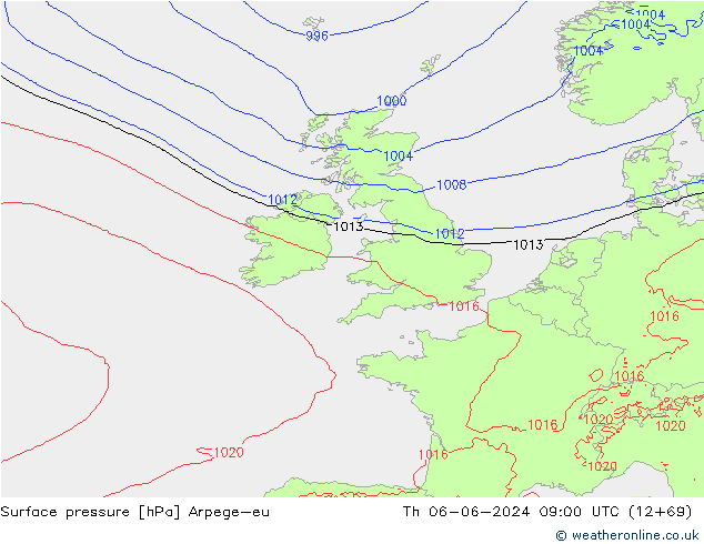 Pressione al suolo Arpege-eu gio 06.06.2024 09 UTC