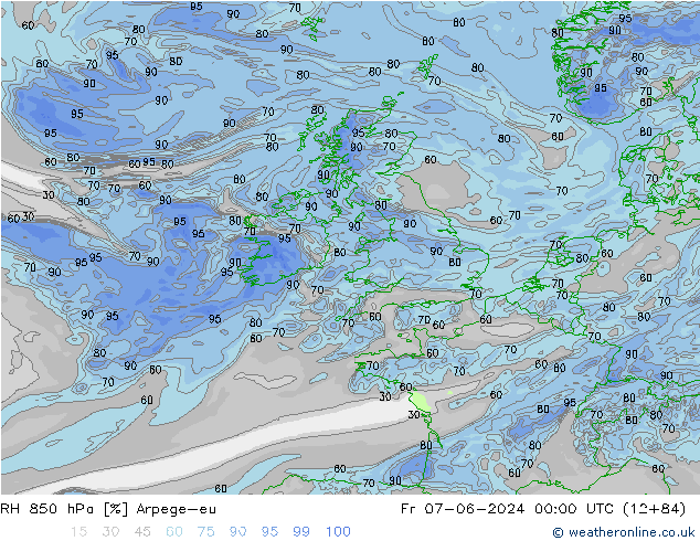 Humidité rel. 850 hPa Arpege-eu ven 07.06.2024 00 UTC