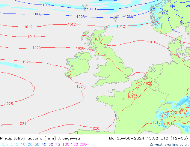 Totale neerslag Arpege-eu ma 03.06.2024 15 UTC