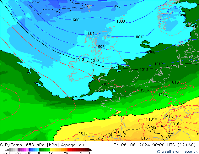 SLP/Temp. 850 hPa Arpege-eu Th 06.06.2024 00 UTC