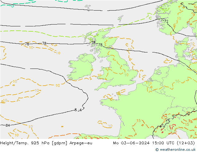 Height/Temp. 925 hPa Arpege-eu Mo 03.06.2024 15 UTC