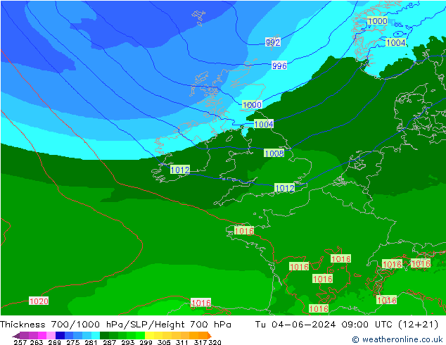 Espesor 700-1000 hPa Arpege-eu mar 04.06.2024 09 UTC