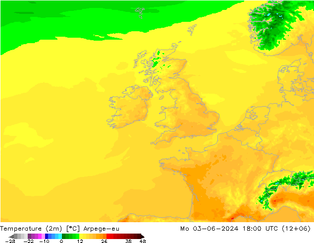 Temperature (2m) Arpege-eu Mo 03.06.2024 18 UTC