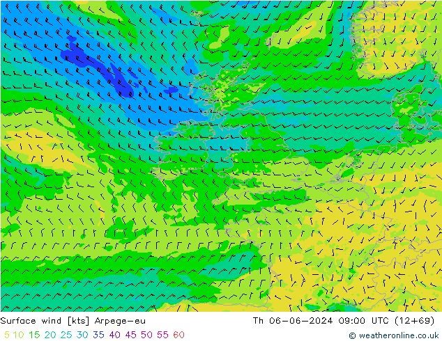 Surface wind Arpege-eu Th 06.06.2024 09 UTC