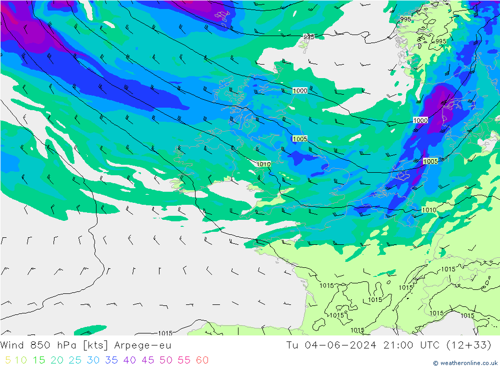 Vento 850 hPa Arpege-eu Ter 04.06.2024 21 UTC