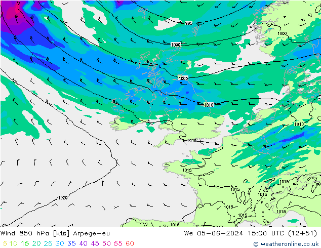 Wind 850 hPa Arpege-eu We 05.06.2024 15 UTC