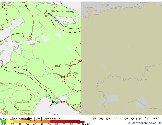 Max. wind velocity Arpege-eu gio 06.06.2024 06 UTC