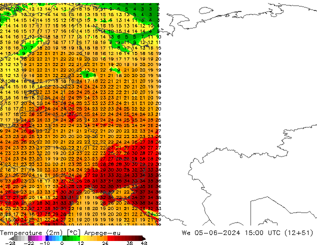 Temperatuurkaart (2m) Arpege-eu wo 05.06.2024 15 UTC