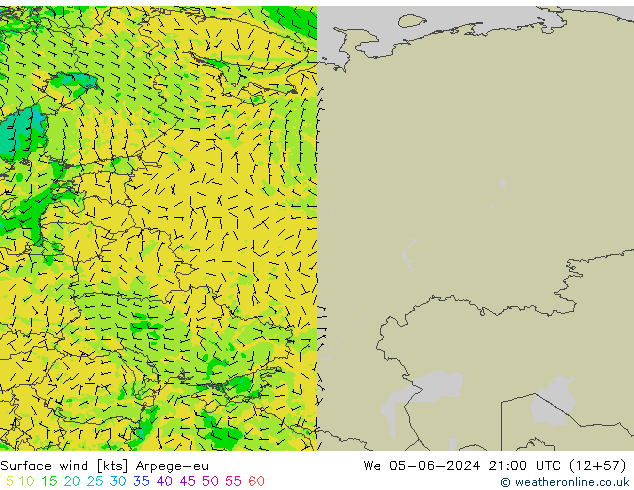 Vent 10 m Arpege-eu mer 05.06.2024 21 UTC