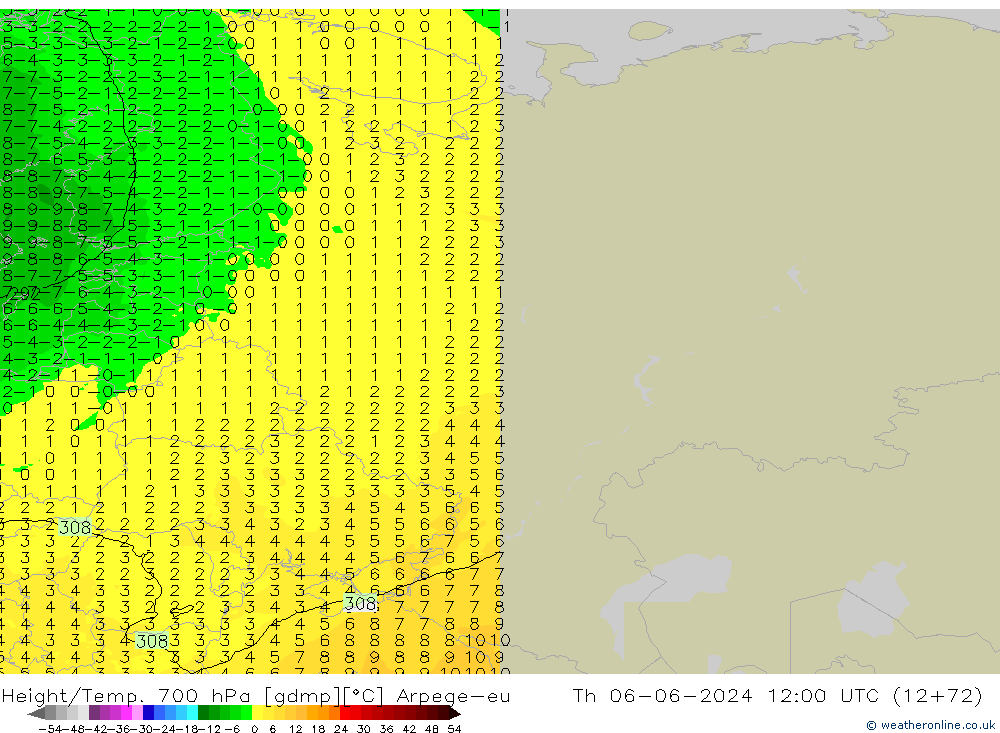 Height/Temp. 700 hPa Arpege-eu Th 06.06.2024 12 UTC