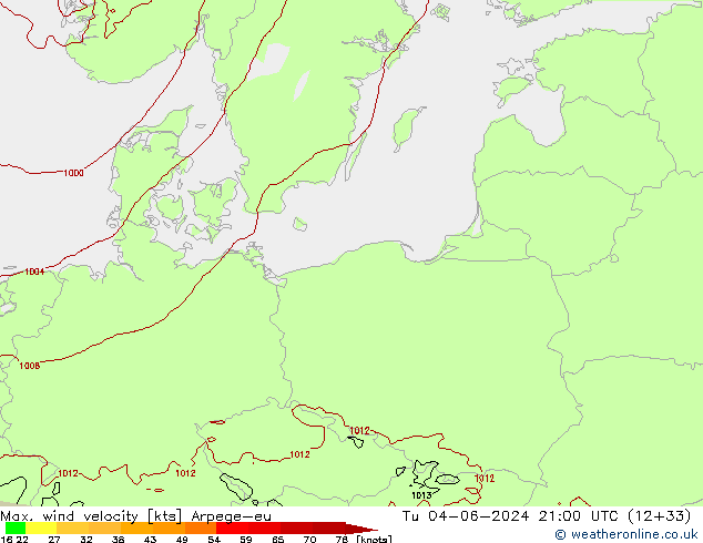 Max. wind velocity Arpege-eu Út 04.06.2024 21 UTC