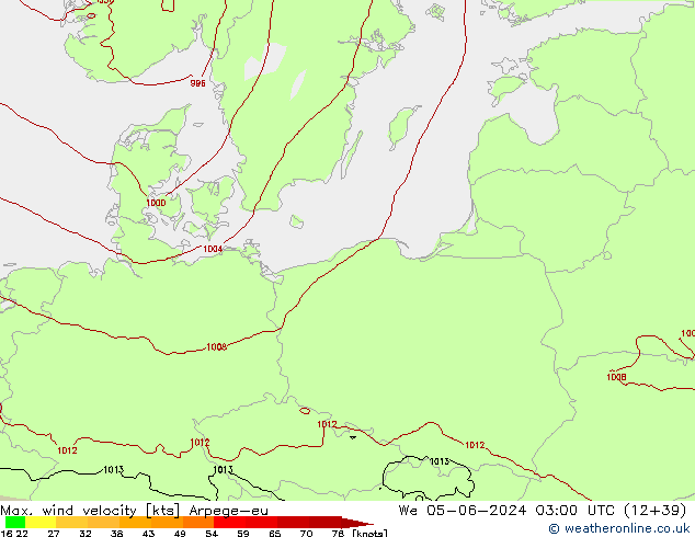 Max. wind velocity Arpege-eu mer 05.06.2024 03 UTC