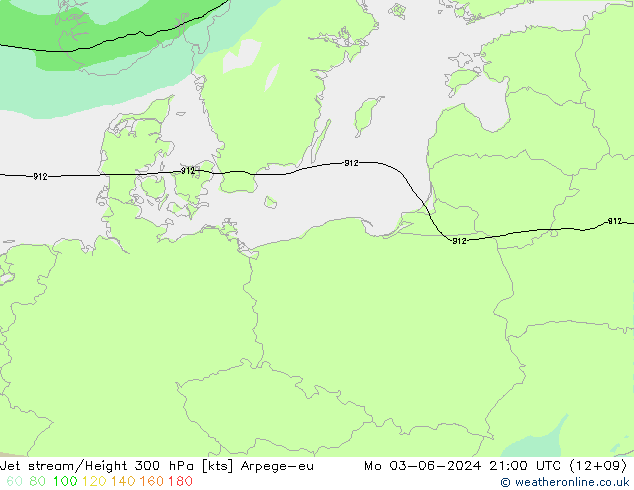 Jet stream/Height 300 hPa Arpege-eu Mo 03.06.2024 21 UTC