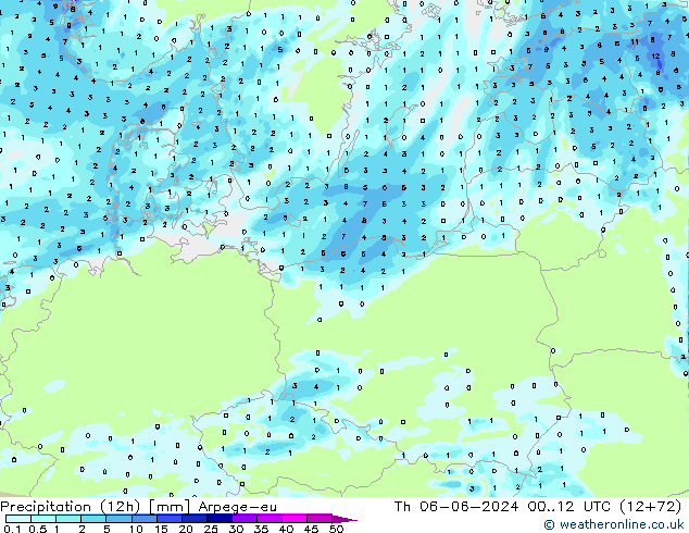 осадки (12h) Arpege-eu чт 06.06.2024 12 UTC