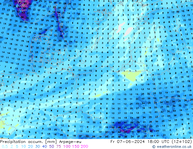 Precipitation accum. Arpege-eu Fr 07.06.2024 18 UTC