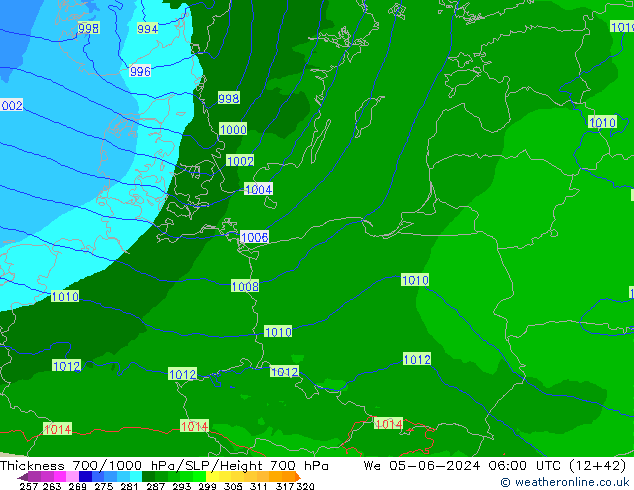 Thck 700-1000 hPa Arpege-eu mer 05.06.2024 06 UTC