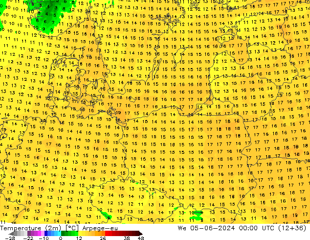 Temperatura (2m) Arpege-eu Qua 05.06.2024 00 UTC