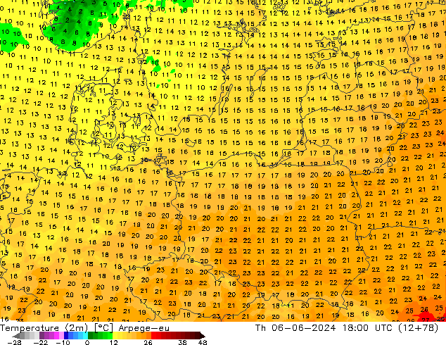 Temperaturkarte (2m) Arpege-eu Do 06.06.2024 18 UTC