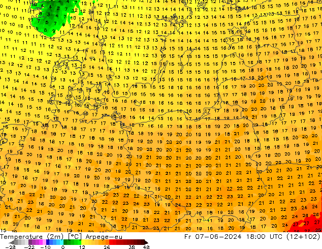 Temperatura (2m) Arpege-eu vie 07.06.2024 18 UTC