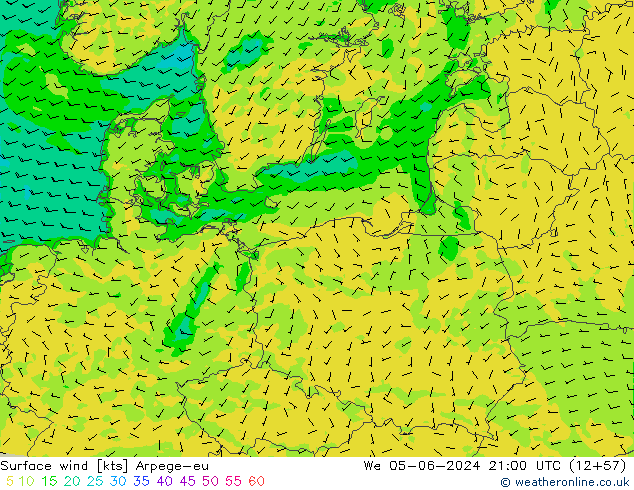 Surface wind Arpege-eu We 05.06.2024 21 UTC