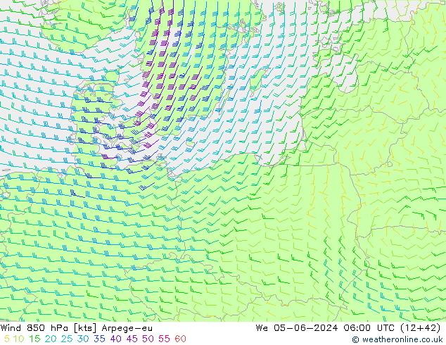 Vent 850 hPa Arpege-eu mer 05.06.2024 06 UTC